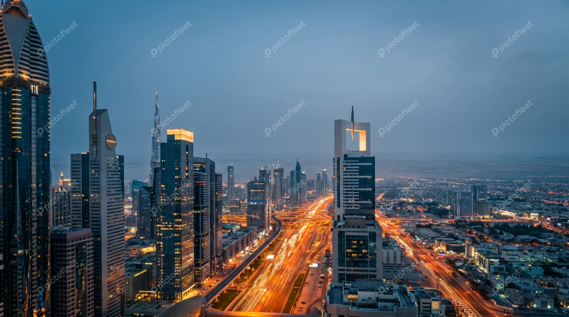 Dubai skyline at dusk with illuminated skyscrapers and traffic trails