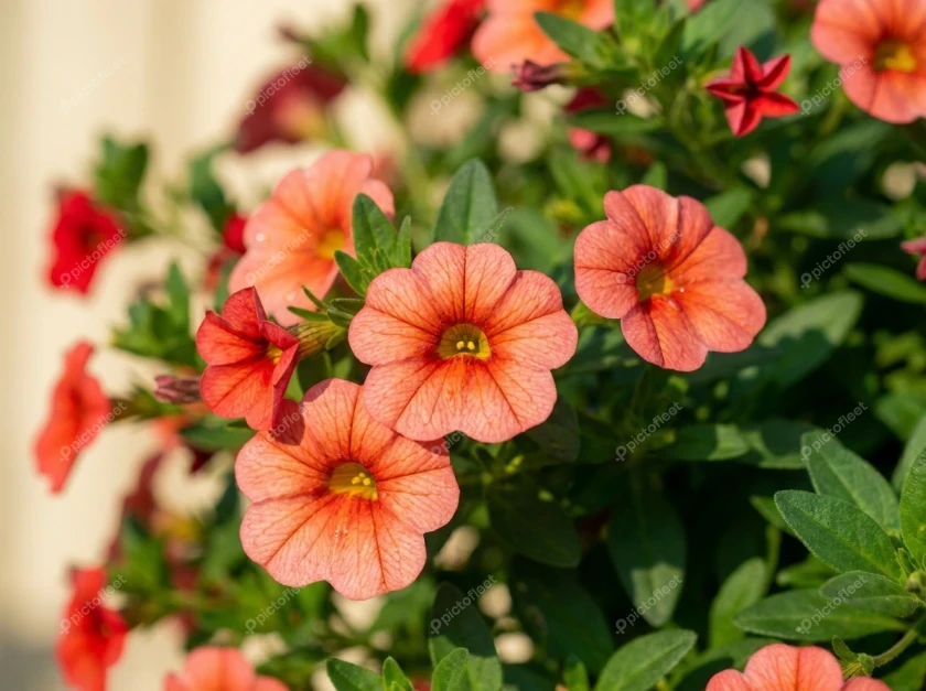Close up of coral orange calibrachoa flowers with green leaves