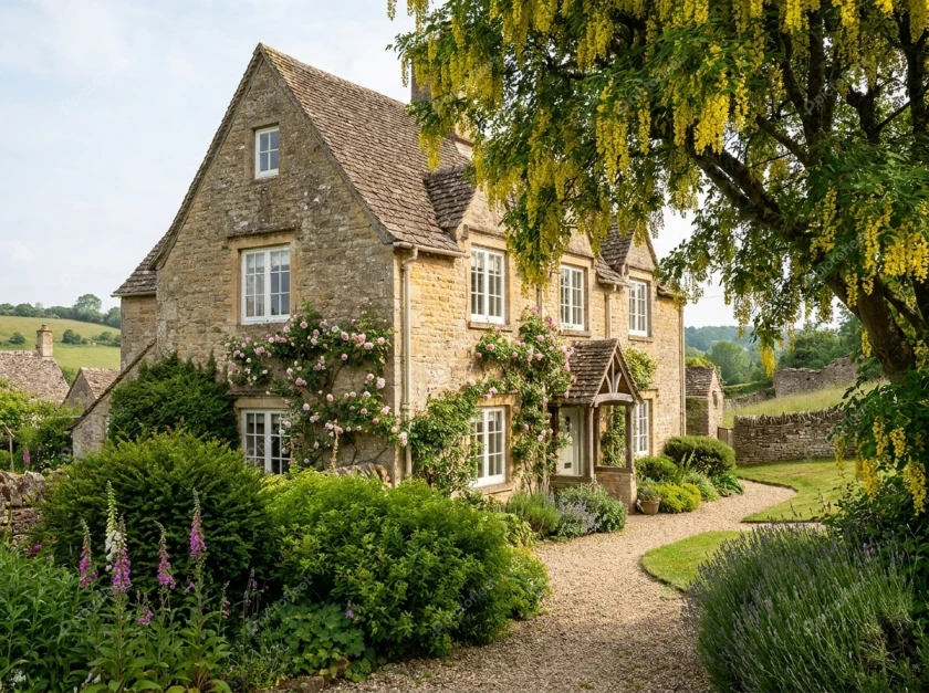Traditional Cotswold stone cottage with a blooming summer garden