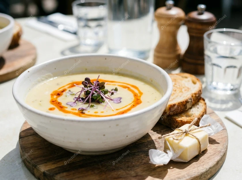 Creamy soup with chili oil garnish and toasted sourdough bread