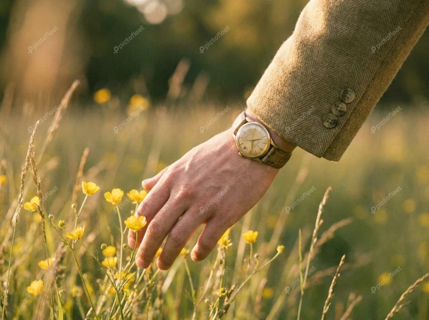 Man's hand in tweed jacket touching buttercups in meadow
