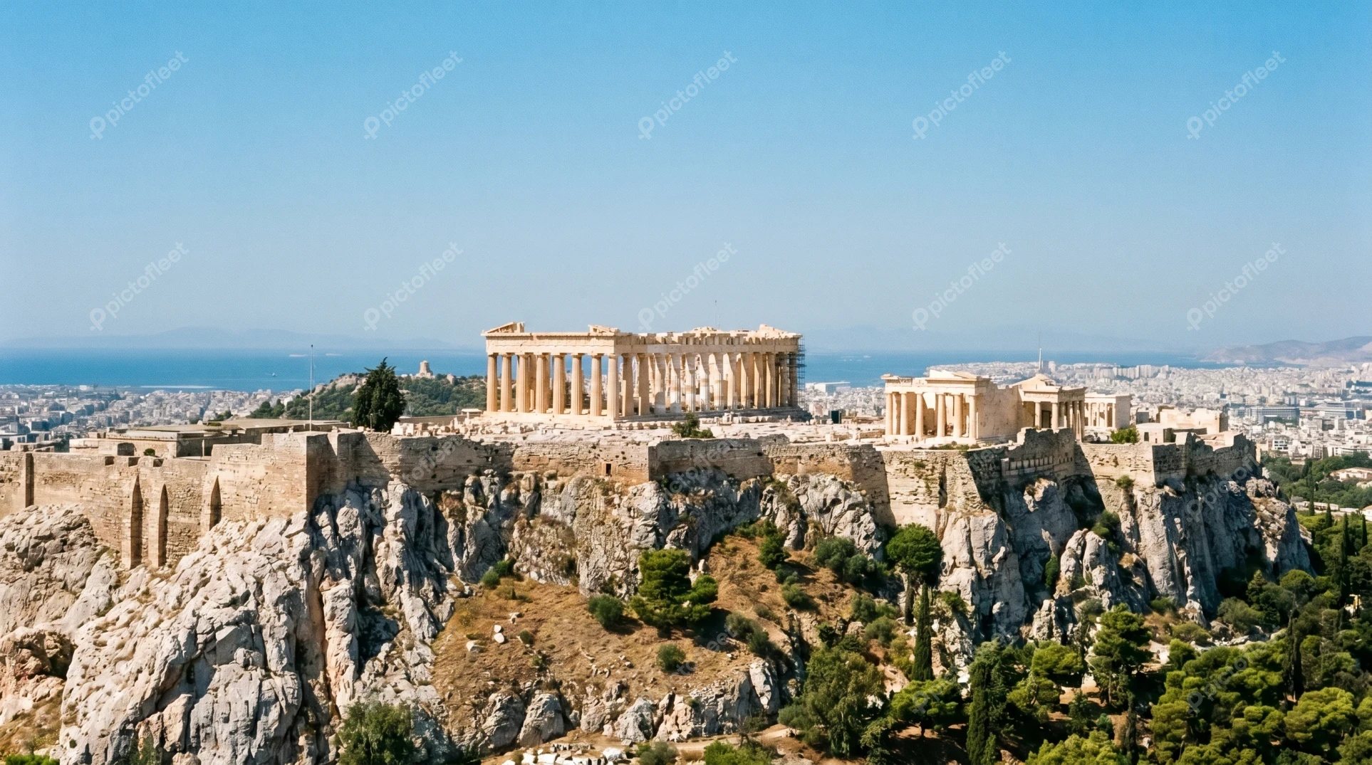 Ancient Parthenon temple on the Acropolis hill in Athens Greece