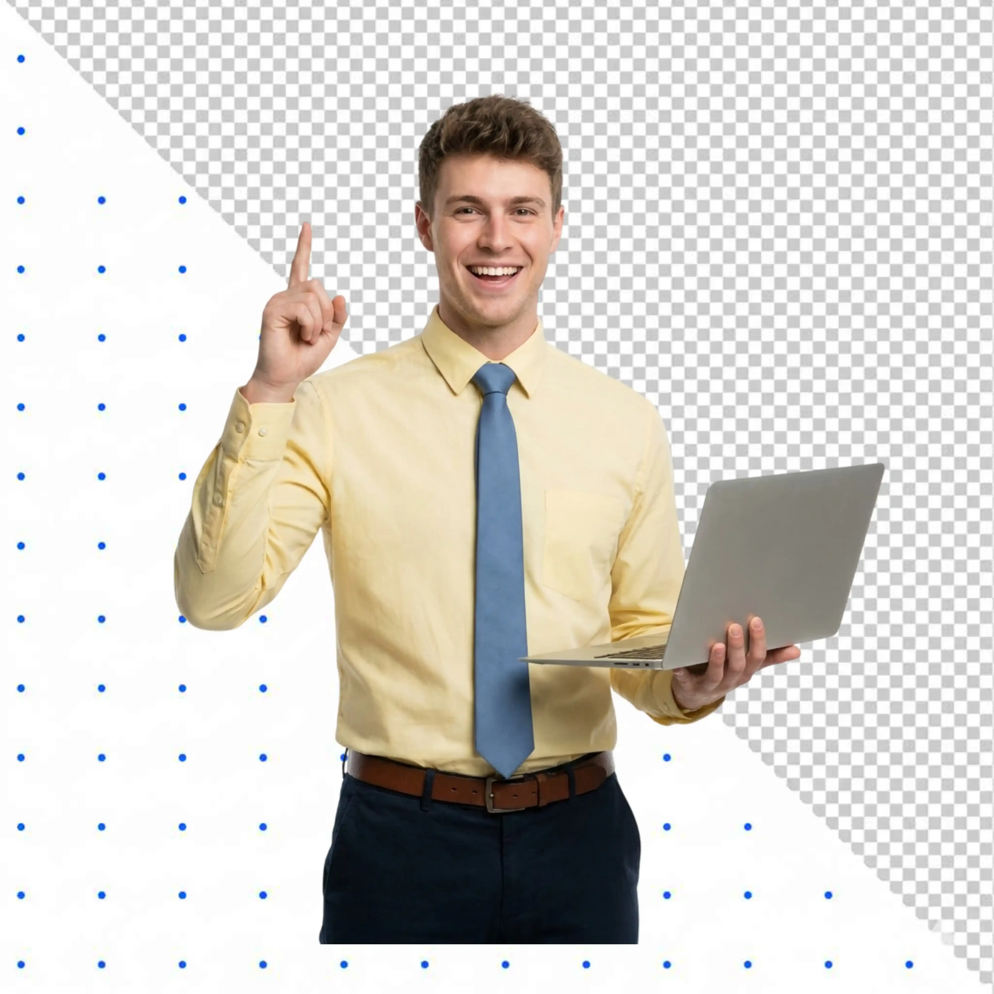 Smiling businessman holding laptop and pointing finger up PNG Transparent Background