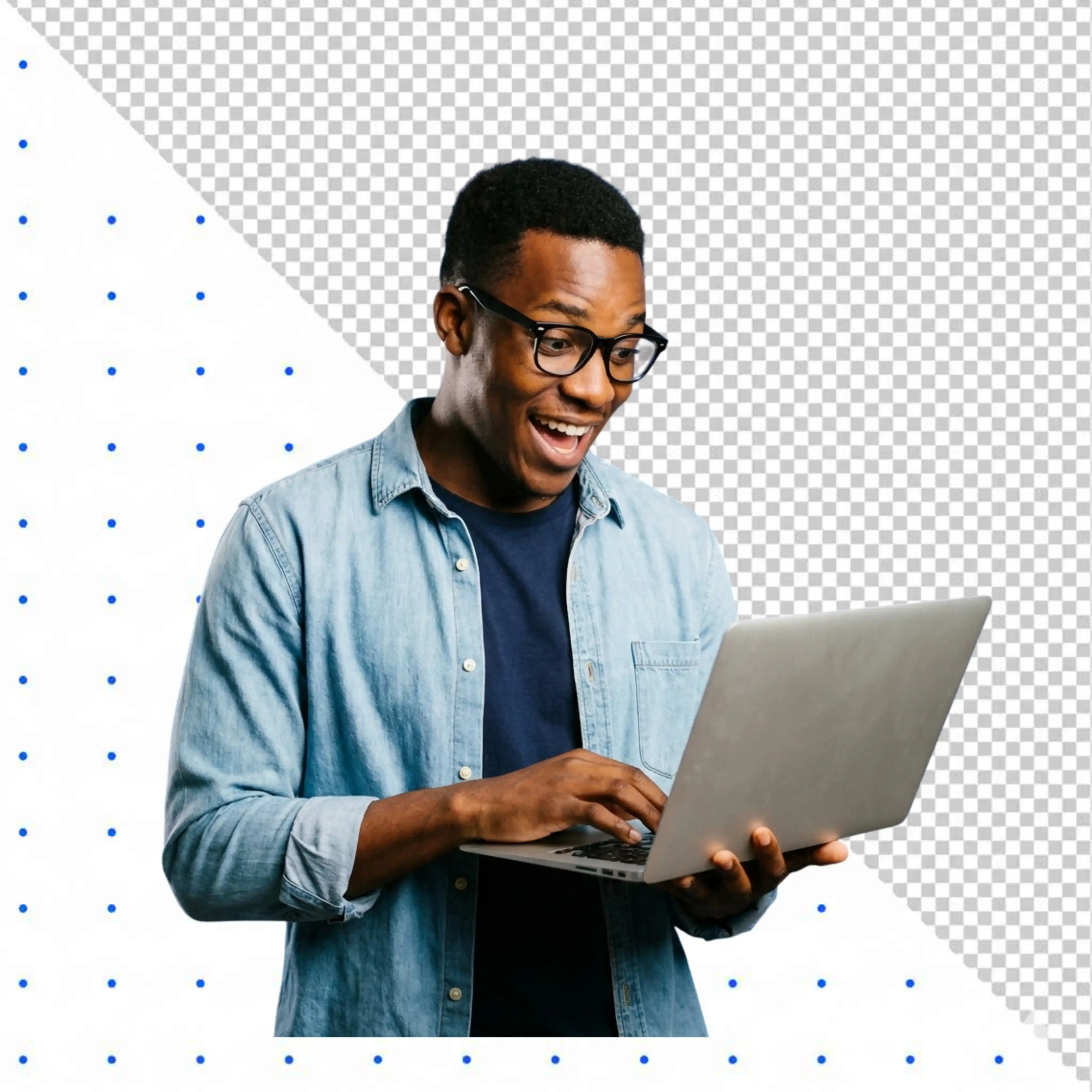Excited young Black man using laptop with surprised expression PNG Transparent Background