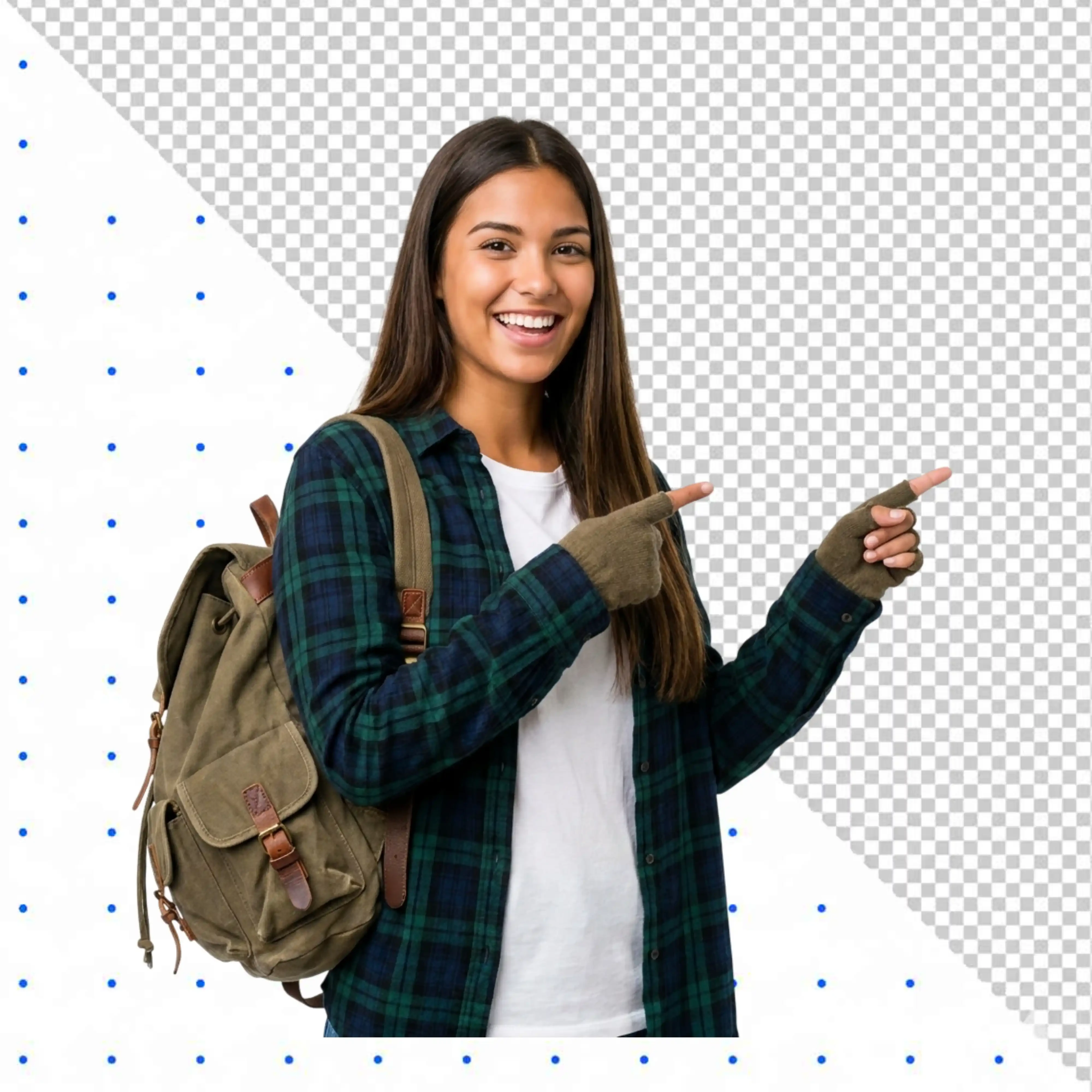 Smiling young woman with backpack pointing fingers to side PNG Transparent Background