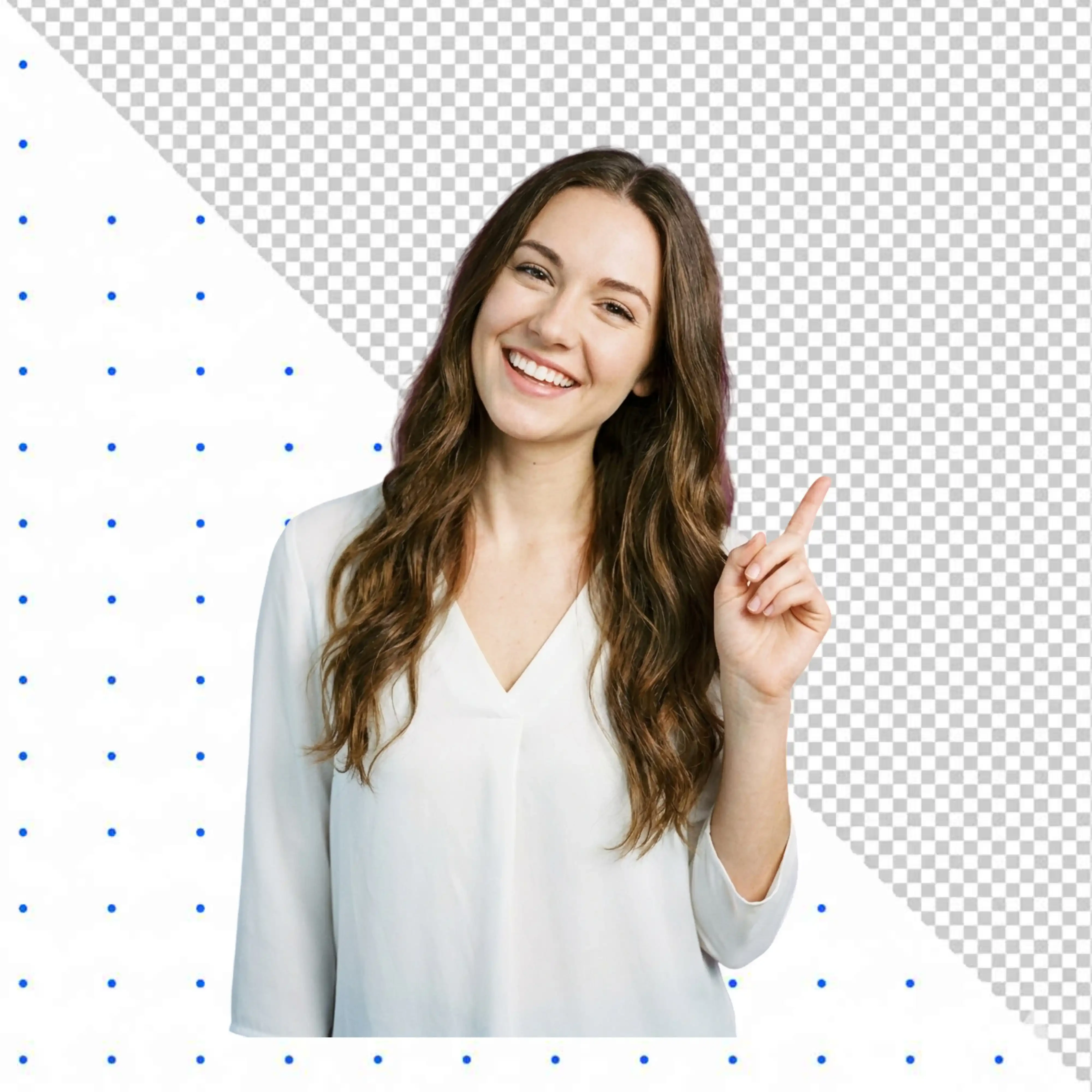 Smiling young woman in white blouse pointing finger up PNG Transparent Background