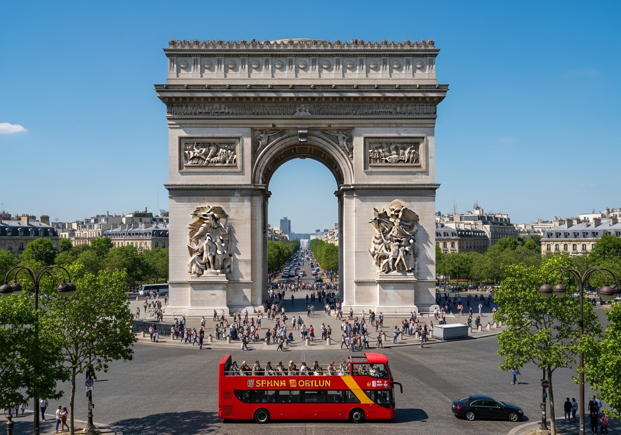 Arc de Triomphe and Red Tour Bus in Paris